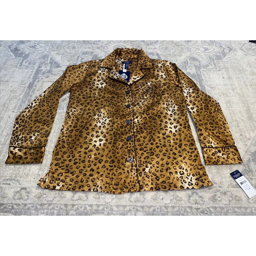 New Womens Chaps Pajama Top‎ Sz MEDIUM Button Up Sleep Shirt Animal Gold Brown